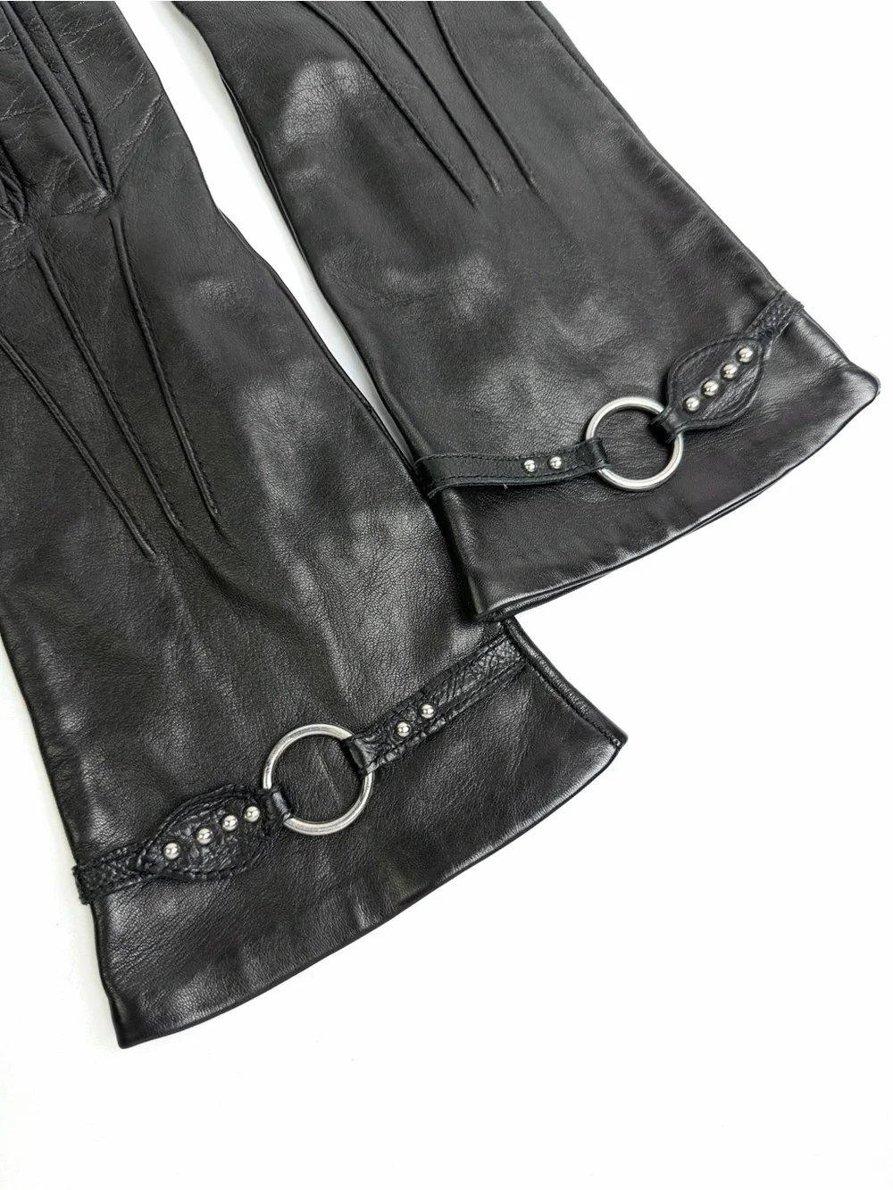 Portolano Black Leather Gloves Silk Lined with O-Ring Stud Details size 7,5